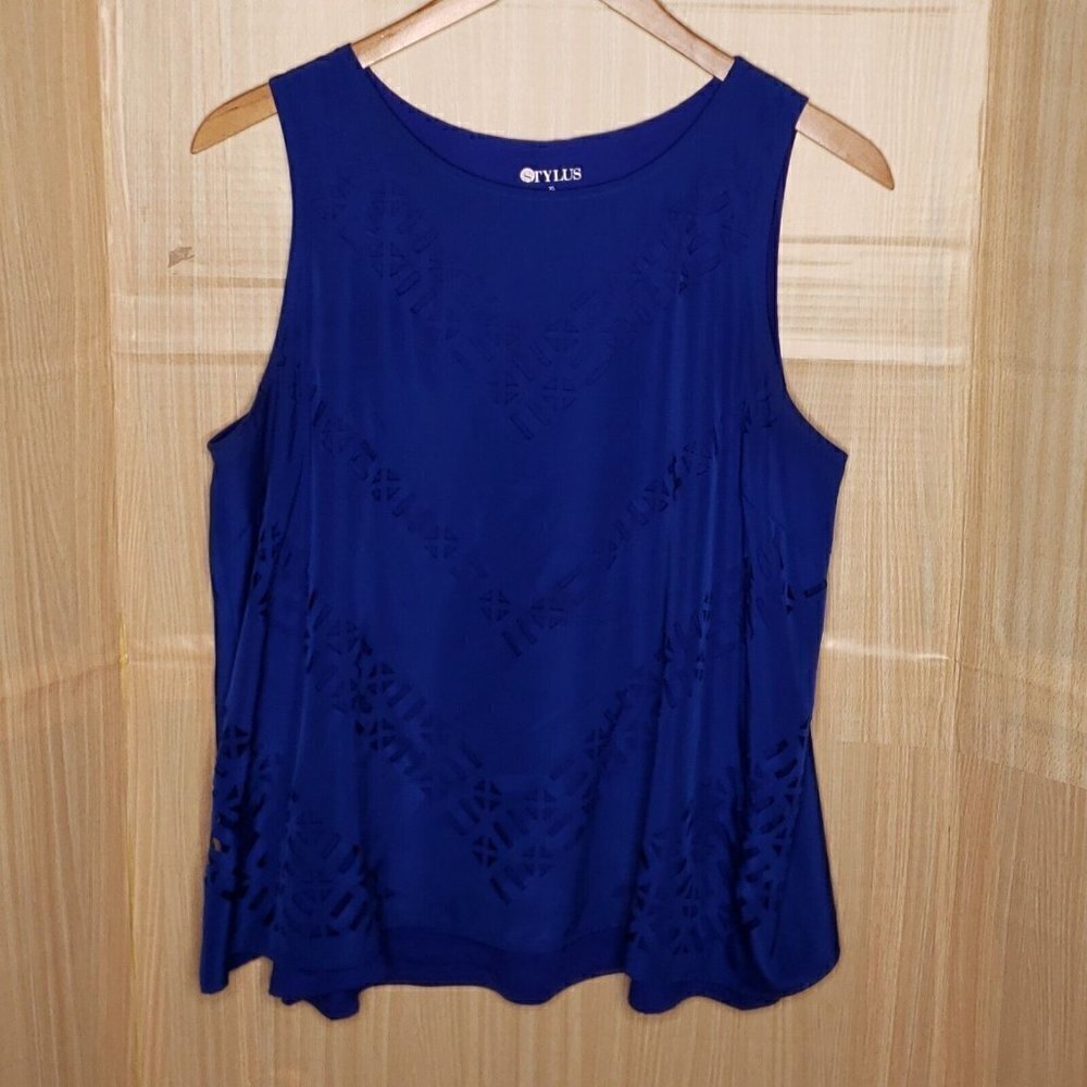 Cable & Gage Womens Royal Blue Asymmetrical Crochet Detail Oversized Top Small